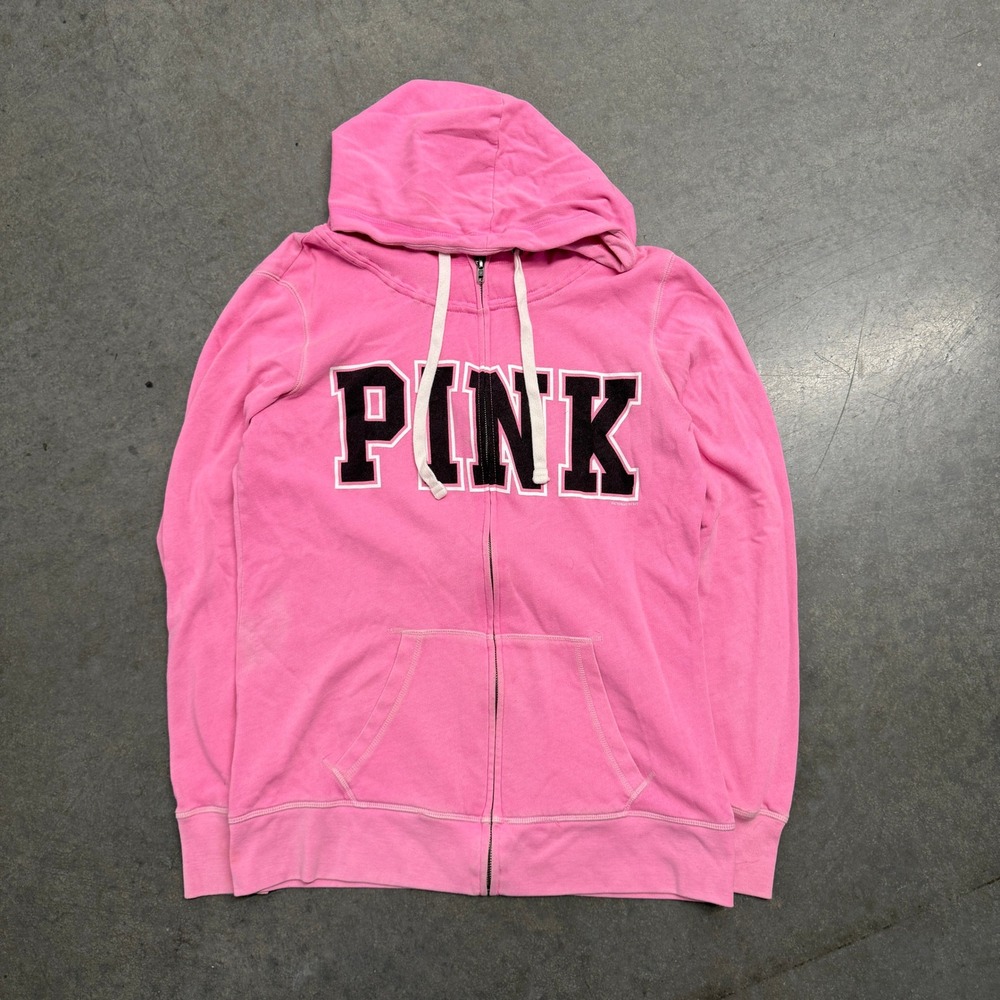 Pink Victoria's Secret Full Zip Hoodie Pink Graphic Logo Sweatshirt Medium